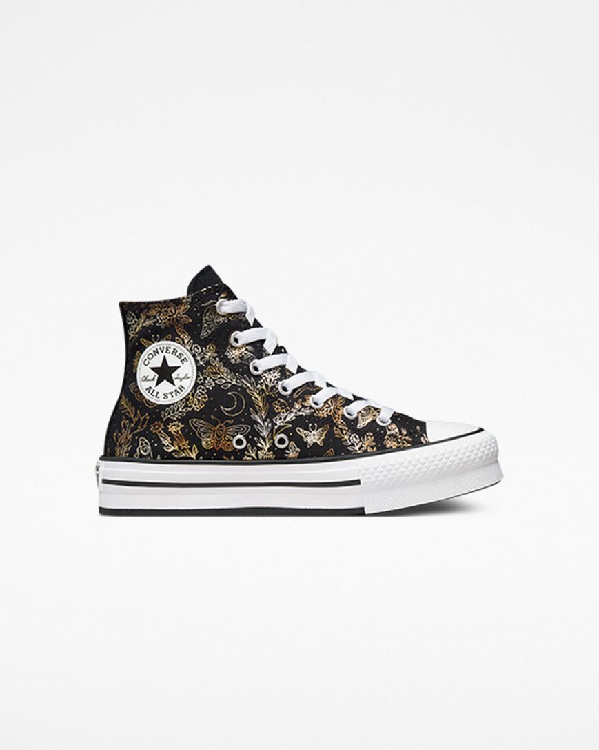 Girls\' Converse Chuck Taylor All Star EVA Lift Butterfly Shine High Top Platform Shoes Black / Gold / White | AU 89463G